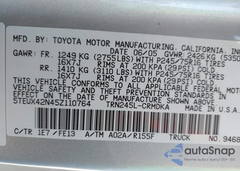2005 Toyota Tacoma from USA, damaged, VIN 5TEUX42N45Z110764